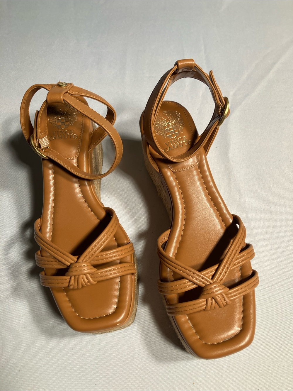 Vince Camuto Cognac Leather Knotted Strap Wedge Sandals